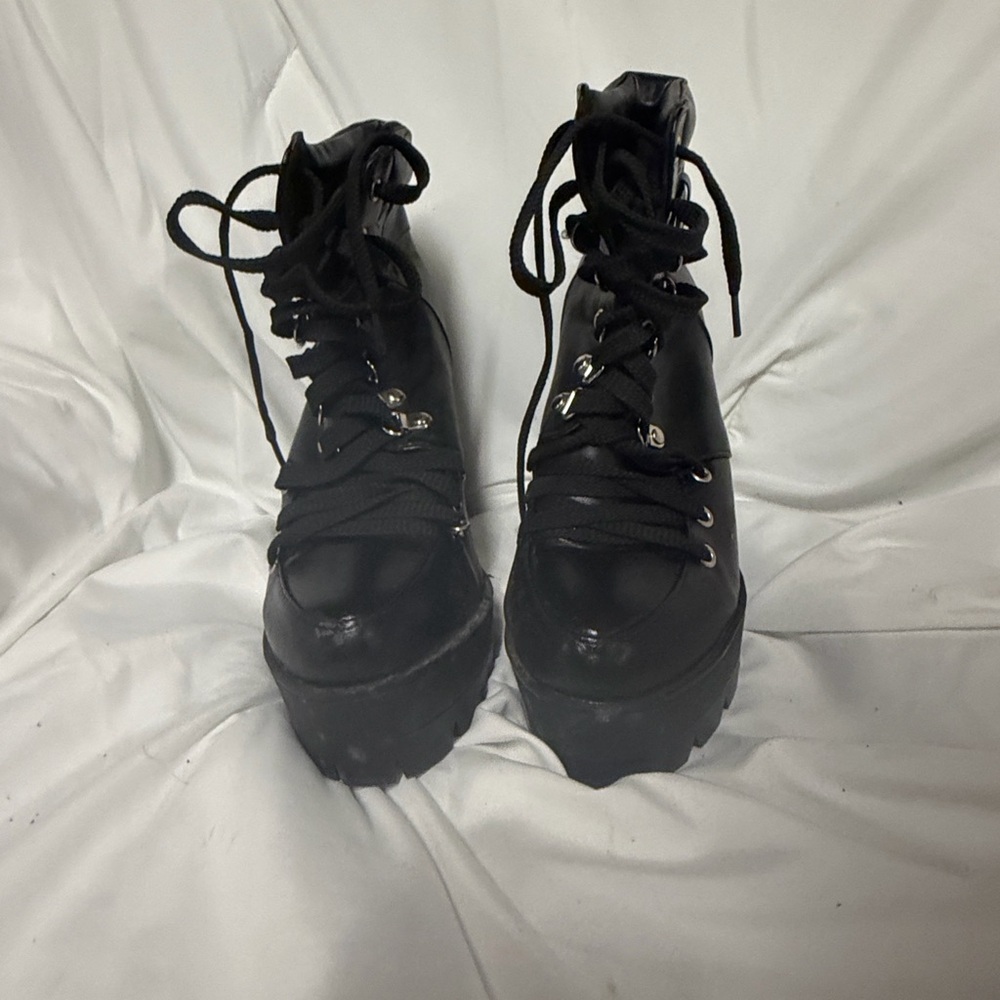Black Platform Lace-Up Ankle Boots - Women
